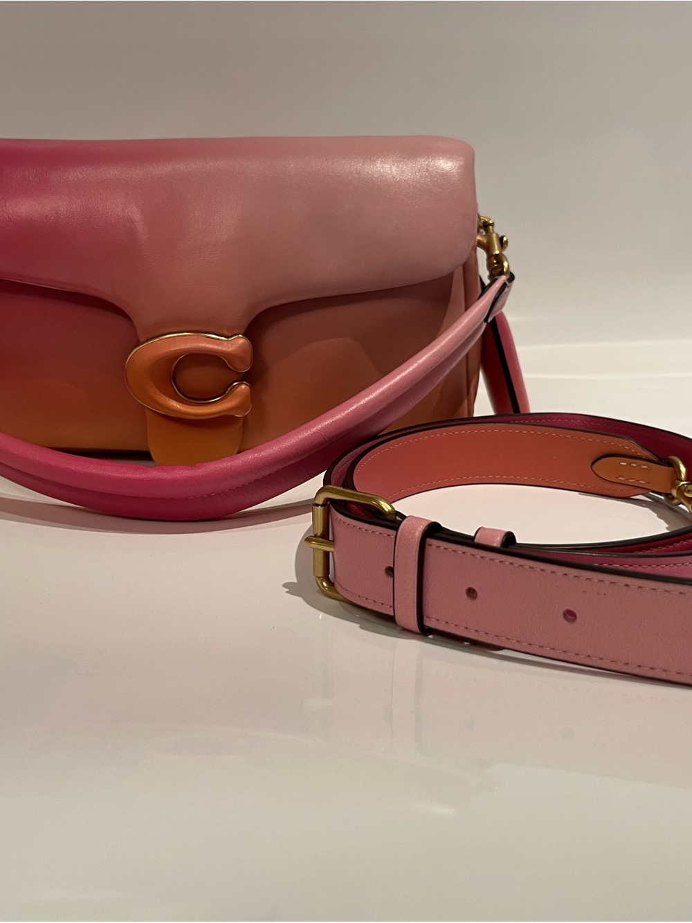 Coach Pink to Peach Ombre Leather Shoulder Bag with Gold Hardware